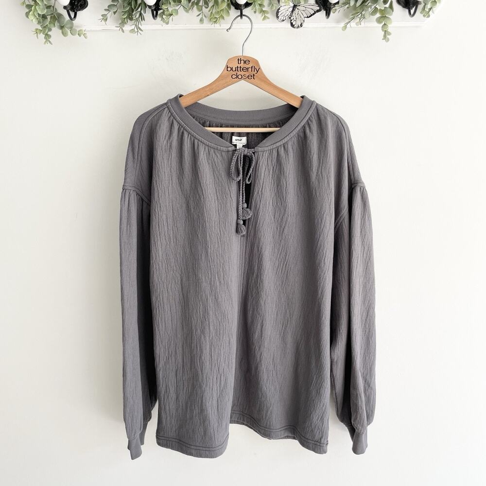 Aerie Gray Oversized Rope Tied Long Sleeve Scoop Neck Sweatshirt Size S CC-152